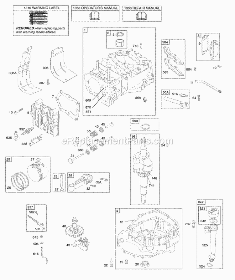 Camshaft Crankshaft Cylinder Engine Sump Lubrication Piston Group Valves Diagram and Parts List for 126T02-0289-B1  Briggs and Stratton Engine